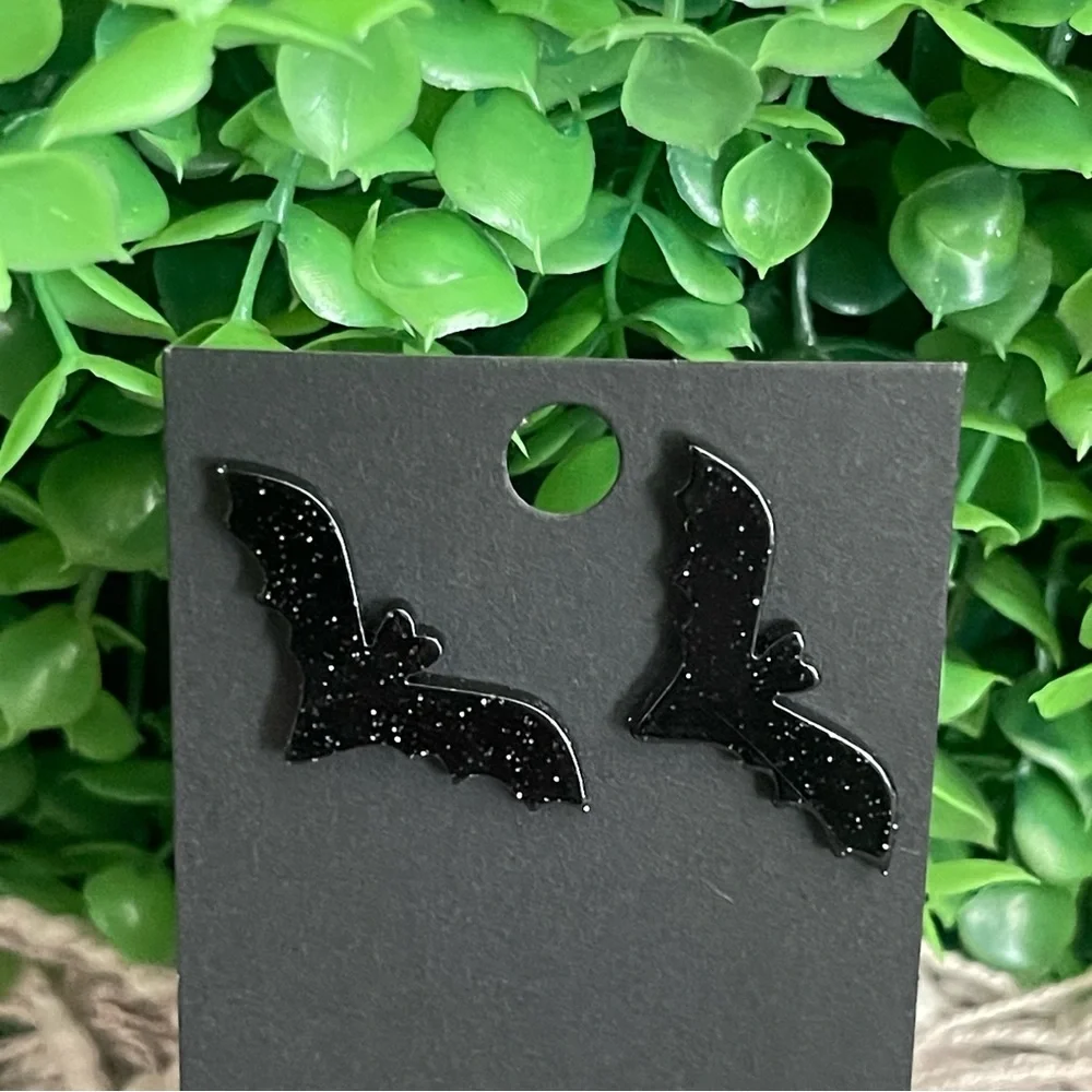 Glitter Bat Halloween Black Stud Earrings NEW